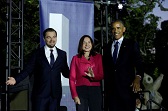 Katharine Hayhoe (1972-) with Leonardo DiCaprio (1974-) and Pres. Barack Obama (1961-)