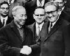 Le Duc Tho (1911-90) of Vietnam and Henry Alfred Kissinger of the U.S. (1923-)